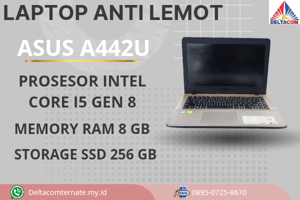 ASUS A442U , TYPE BARU BODY SLIM, PROSESOR INTEL CORE I5 GEN 8 RAM 8 GB SSD 256 GB DISPLAY 14 INCH MULUS , WARNAH GOLD , LECET SDIKIT ,